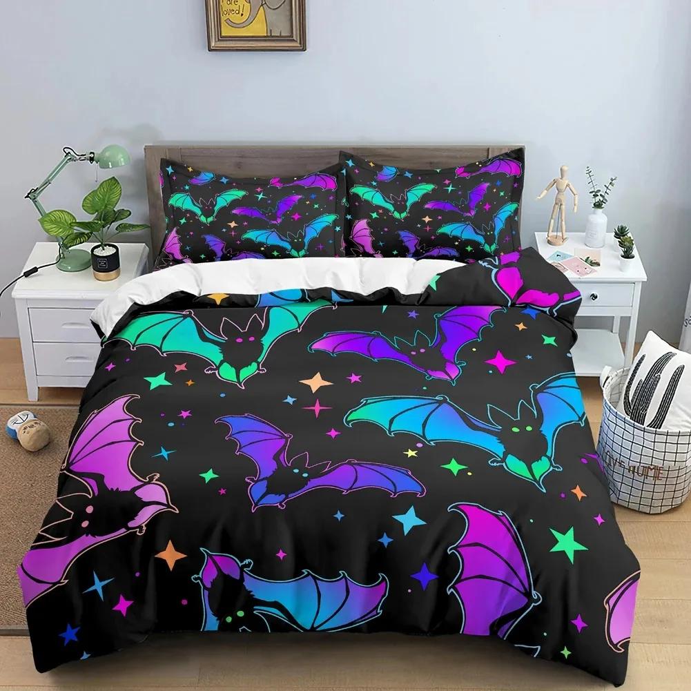 Skull Halloween Bats Bedding Set Boys Girls Twin Queen Size Duvet Cover Pillowcase Bed Kids Adult Home Textileextile