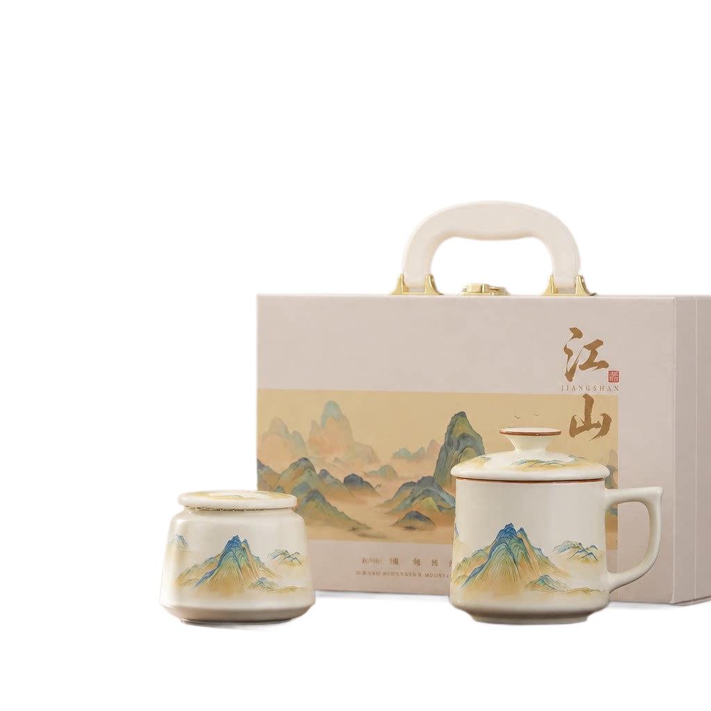 Ru Kiln Ceramic Tea Cup Gift Box with Lid Office Cup Thousand Miles Jiangshan New Chinese Mug Business Souvenir