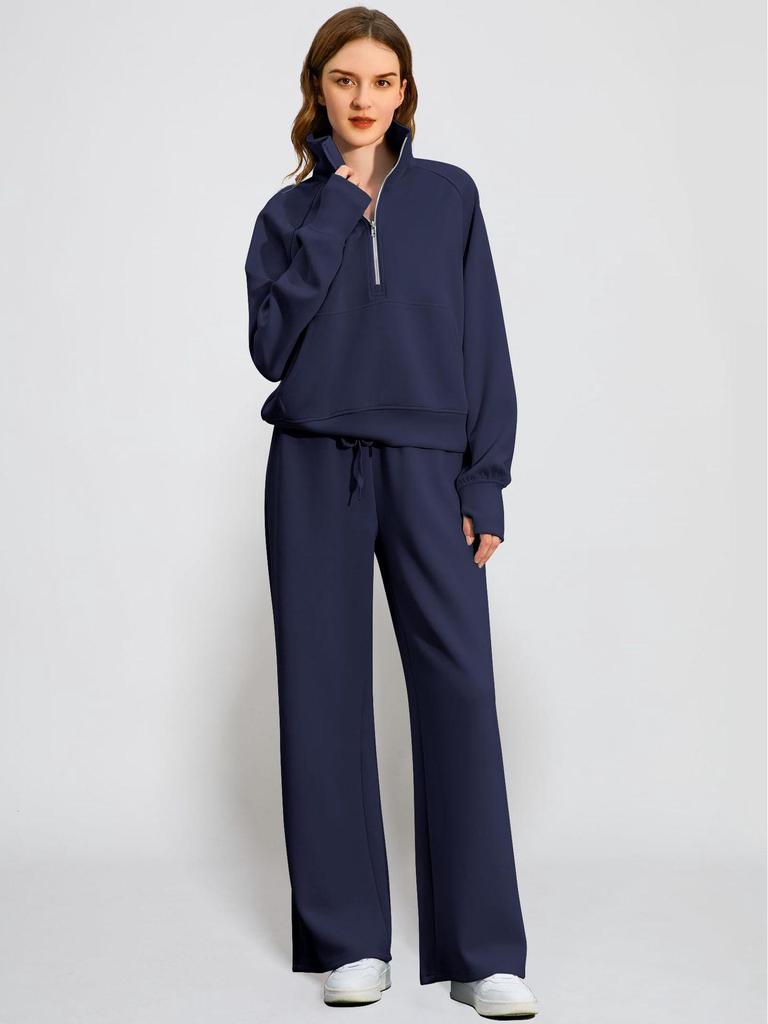 2025 Oversized Half-Zip Sweatshirt & Wide-Leg Sweatpants Women's Two-Piece Casual Set