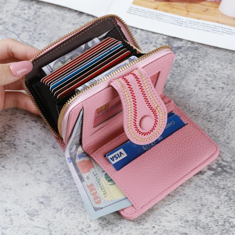 Korean Style Women's Litchi Pattern Embroidered Wallet with Zipper & Buckle