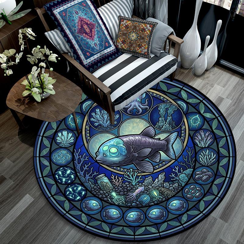 Ocean Life Glass Round Area Rug Under Office Chairs Bedroom Living Room Home Decor