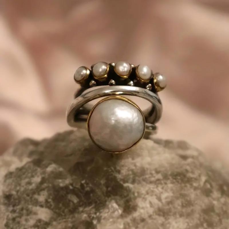 Stylish Vintage Thai Silver Ring Round Ring, Triple Crossed Imitation Pearl Ring