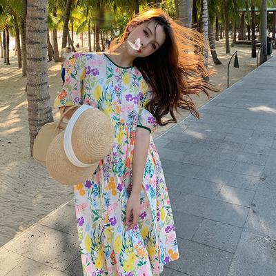Sommer Puff Sleeve Bunte Frauen Lose Damen Kleider A-linie Druck Frauen Kleidung