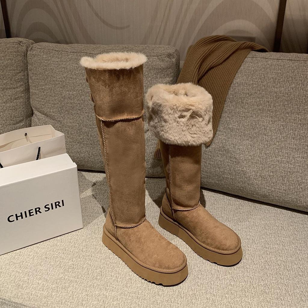 Women's fur one thick bottom winter lightweight warm flip fold two wear snow boots non-slip wear casual sneakers long cotton boots