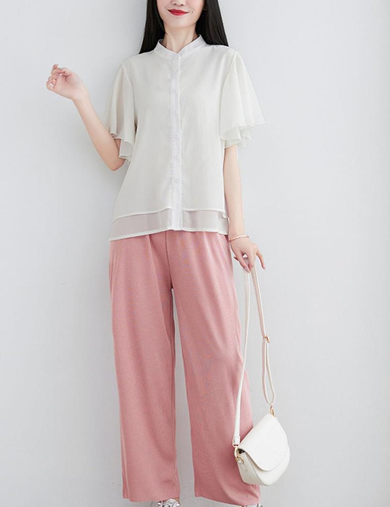Shirt for Short Loose Large Size [EASTEMPO] Women, Sleeve, Summer, Stylish, Chiffon, Fit, Office, Thin, Plain, (JP, Alphabet, L, White)