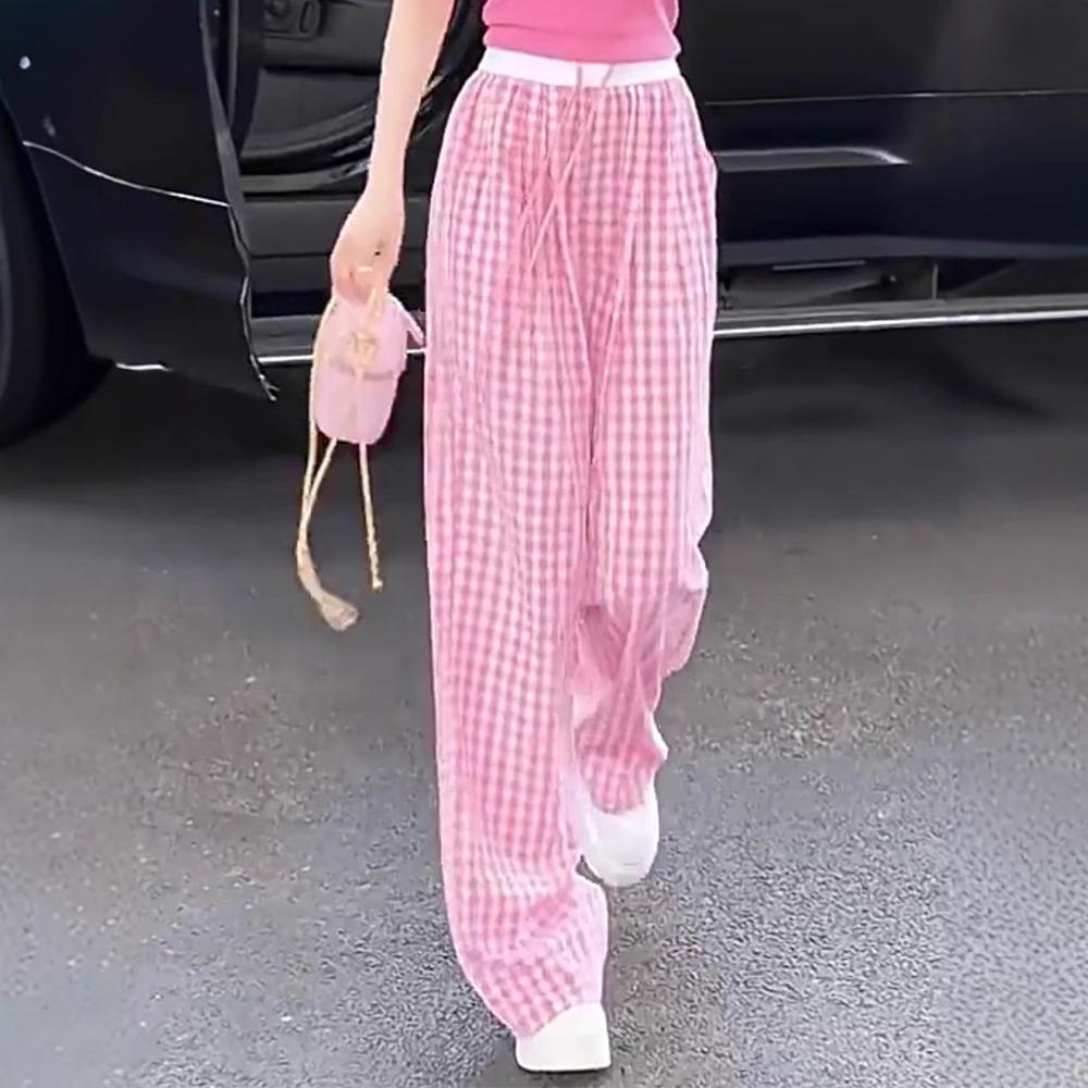 Women's Pink Plaid High-Waist Wide-Leg Pants - 2025 Collection