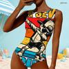 Women Plus Size High Round Neck Sleeveless One Piece Clover Printed Swimsuit