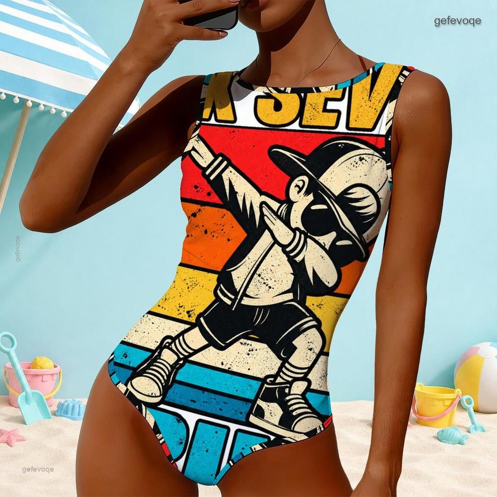 Women Plus Size High Round Neck Sleeveless One Piece Clover Printed Swimsuit
