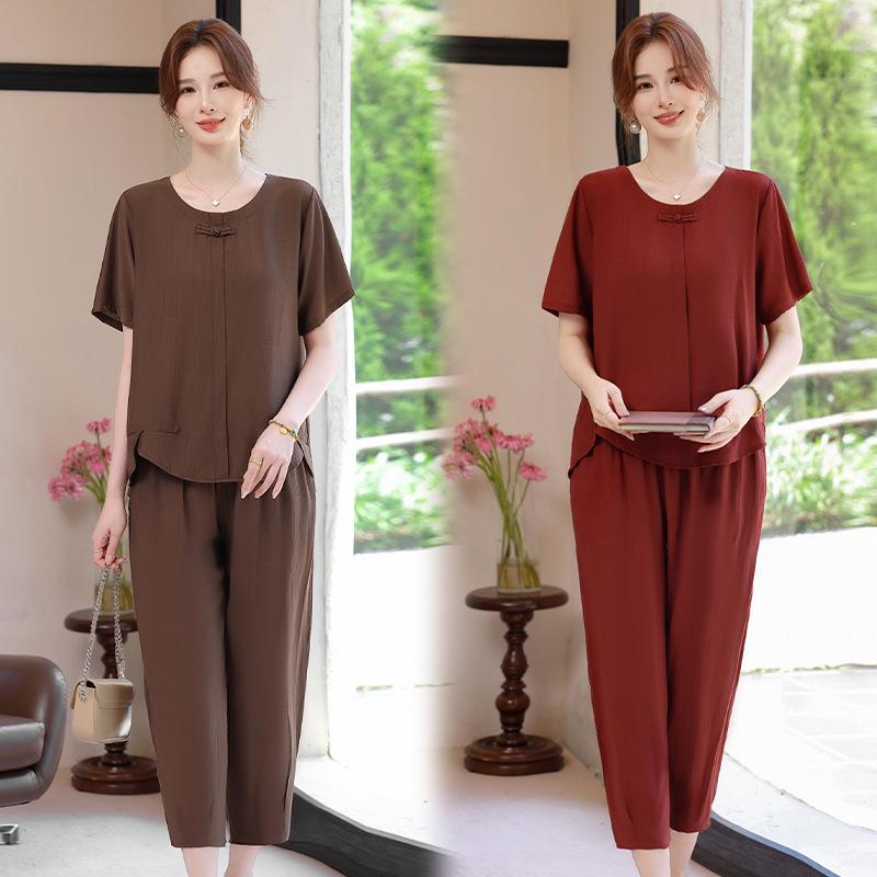 Plus Size Summer Two-Piece Set for Mothers - Loose, Short Sleeve, National Style Fashion for Middle-Aged & Elderly Women