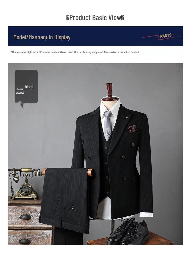 Men's Double-Breasted Striped Suit Set for Weddings & Business – Slim Fit Tuxedo & Formal Wear