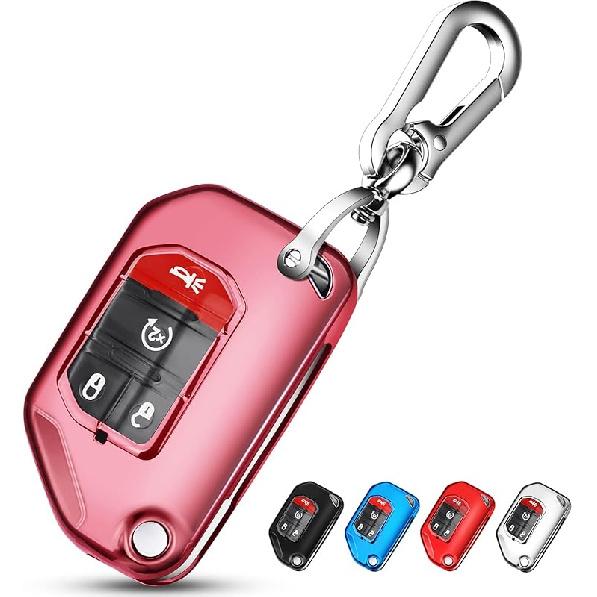 QBUC For Jeep Key Fob Cover With Keychain Flip Key Case For 2018 Jeep Wrangler Gladiator JLU JL Rubicon JT (Blue)