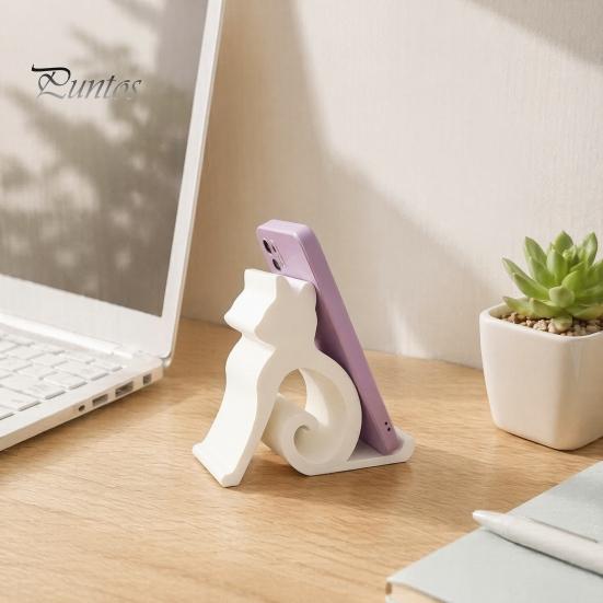 Stable Phone Support Cute Cat Stand Curled Tail Kitty Desk Holder for Cell Black Dock Tablet, 3D Printed Universal Stand Office Bedroom, Gift Lovers