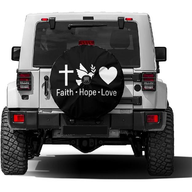 KiuLoam Faith Hope Love Cross Heart Spare Tire Cover with Backup Camera Hole Universal Sunscreen Waterproof Wheel Covers for Trailer RV SUV Truck and 14  with Backup Camera Ho