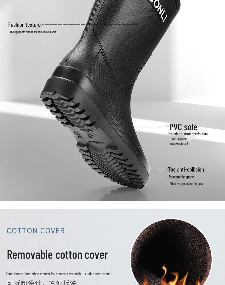 Men's Mid-Calf Non-Slip Fleece-Lined Rubber Rain Boots for Fashion, Work, and Outdoor Activities