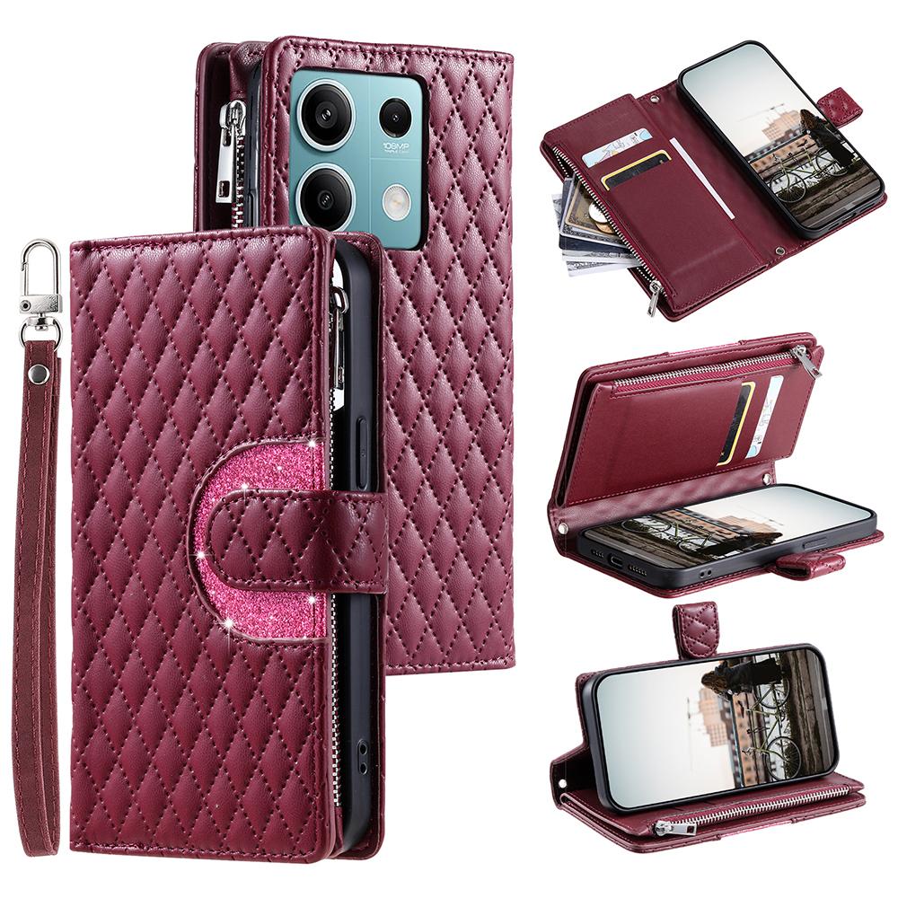 

Style 012 for Xiaomi Redmi Note 13 4G Leather Wallet Case Rhombus Zipper Pocket Phone Cover Wine Red