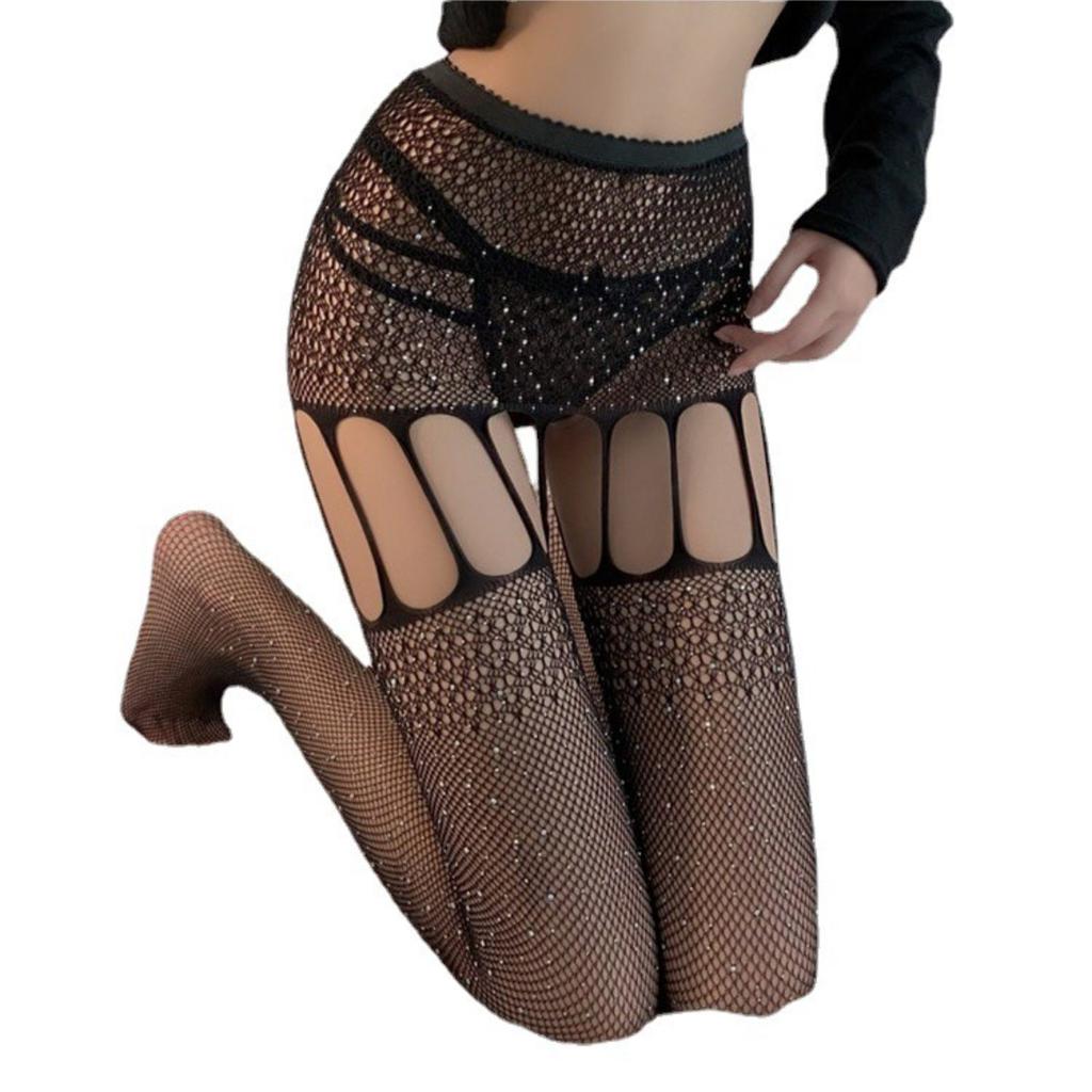 Rhinestone Fishnet Stockings with Garters, Open-Crotch Lace Pantyhose & Sheer Black Lingerie Set