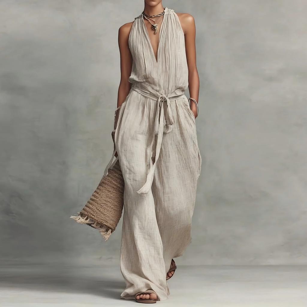 Women Sleeveless Cotton Linen Jumpsuit Casual Loose Fit Drawstring Waist Wide Leg One Piece Romper for Everyday Wear