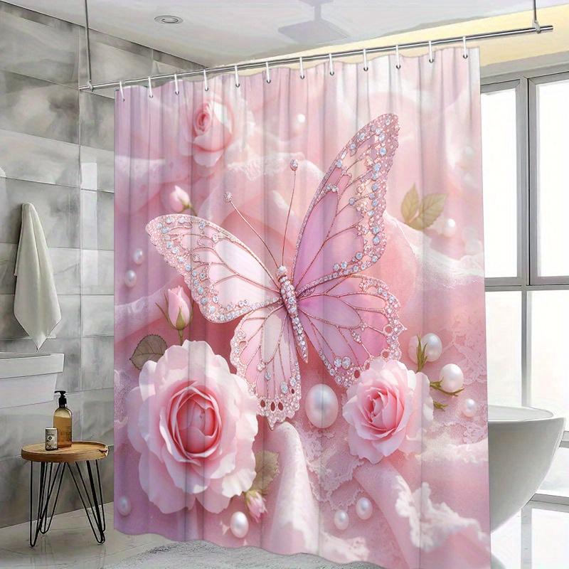 1pc Pink Butterfly & Rose Shower Curtain - Rhinestone & Pearl Accents, Soft Polyester,  12 Hooks, Romantic Bathroom Decor W90XH180cm