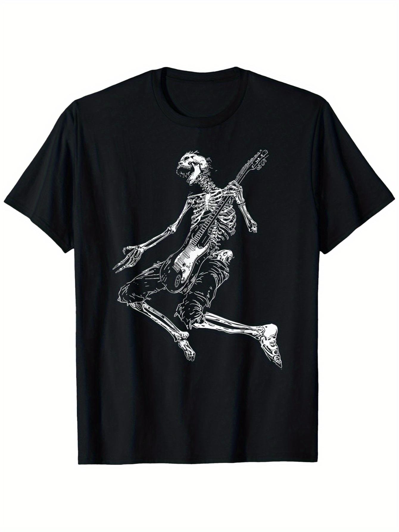 

Men s& Women s Skeleton Rock Band Guitarist T-Shirt- 100% Cotton Relaxed Fit Short Sleeve Tee with White Rock Music Print L