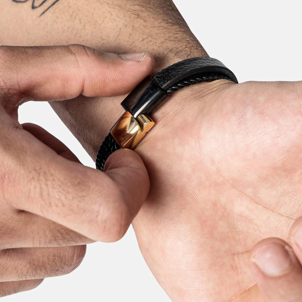 Gold Bracelet 17cm with Gift Genuine Leather Braided Adjustable Magnetic Wrap Male Boys Band Magnetic Accessories [SERASAR] Men's Box, - Cowhide,