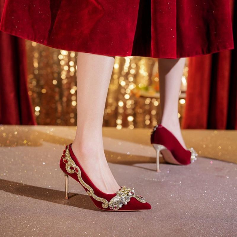 8.5cm High Quality Suede Women'S Pumps And Heels Luxury Rhinestone Wedding Shoes For Women Fashion Thin Heel Women Shoes Tacones