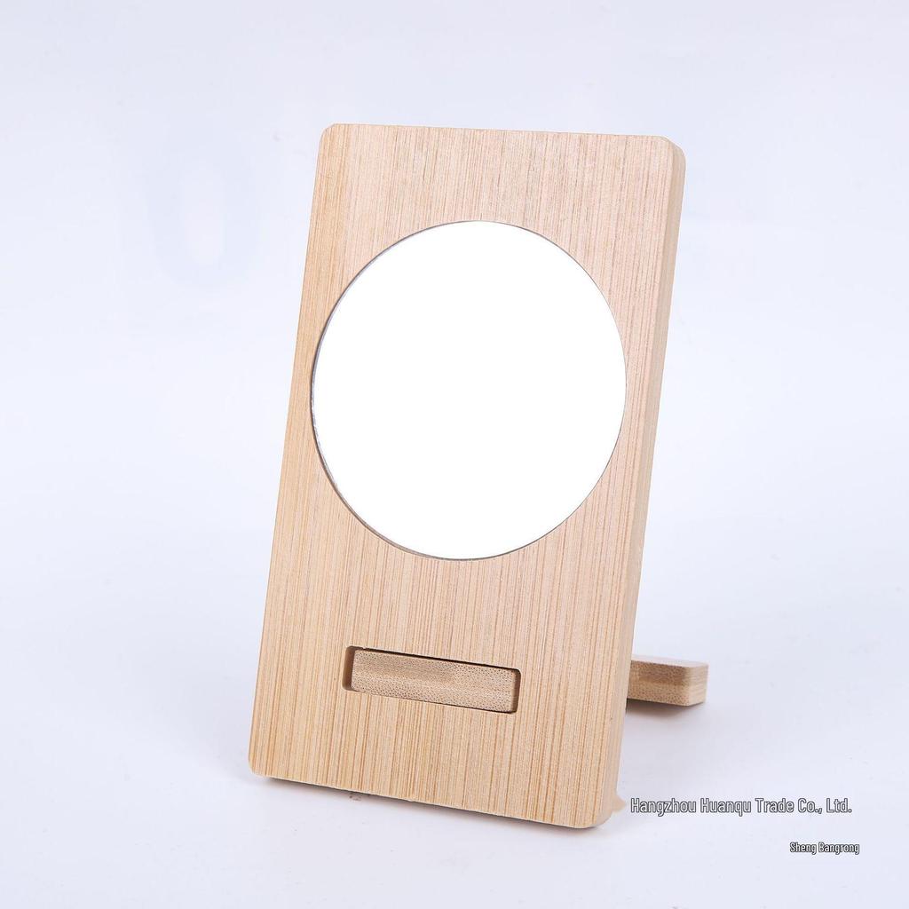 Portable Bamboo Mini Makeup Mirror with Phone Holder