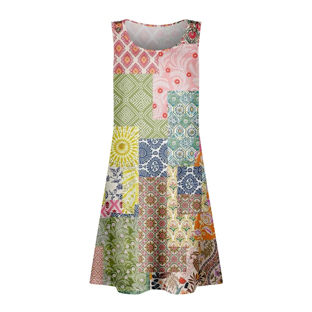 Summer Dresses For Women Beach Boho Sleeveless Printing Flowy Pocket Tshirt Tank Sundresses