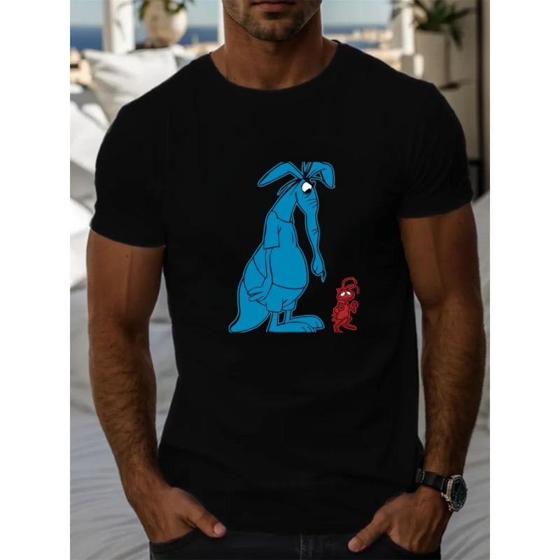 

Men S Short-Sleeve T-Shirt with a Blue Long-Nosed Creature And Red Ant Pattern for Summer Casual Wear, Plus Size - Men s Summ... S разноцветный