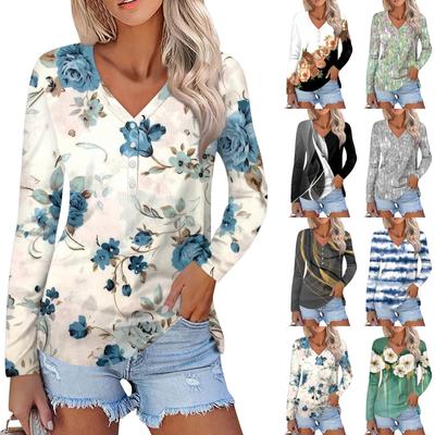 Women's Fashion Casual Long Sleeve Floral Print V-Neck Button Top