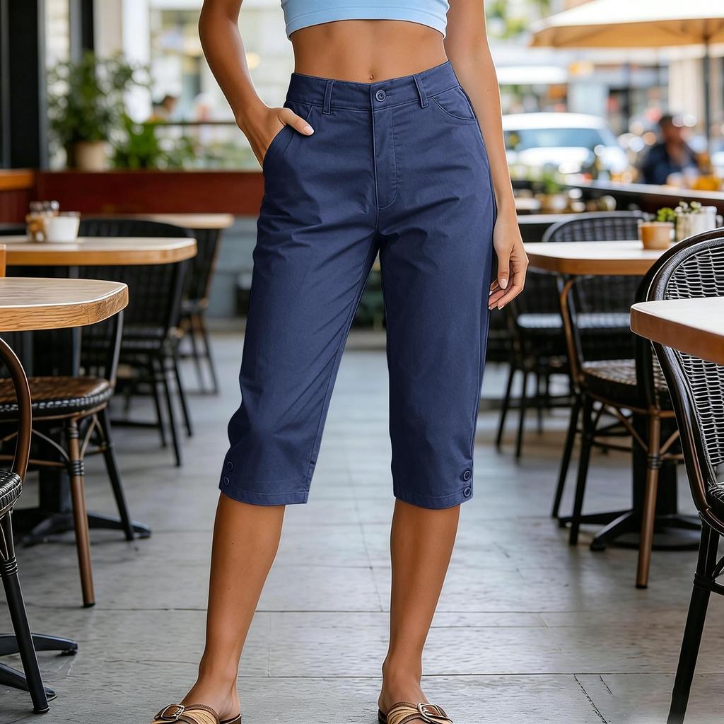 Women High Waist Loose Fit Wide Leg Capri Shorts with Pockets Button Relaxed Fit Long Hiking Shorts for Outdoor Activities