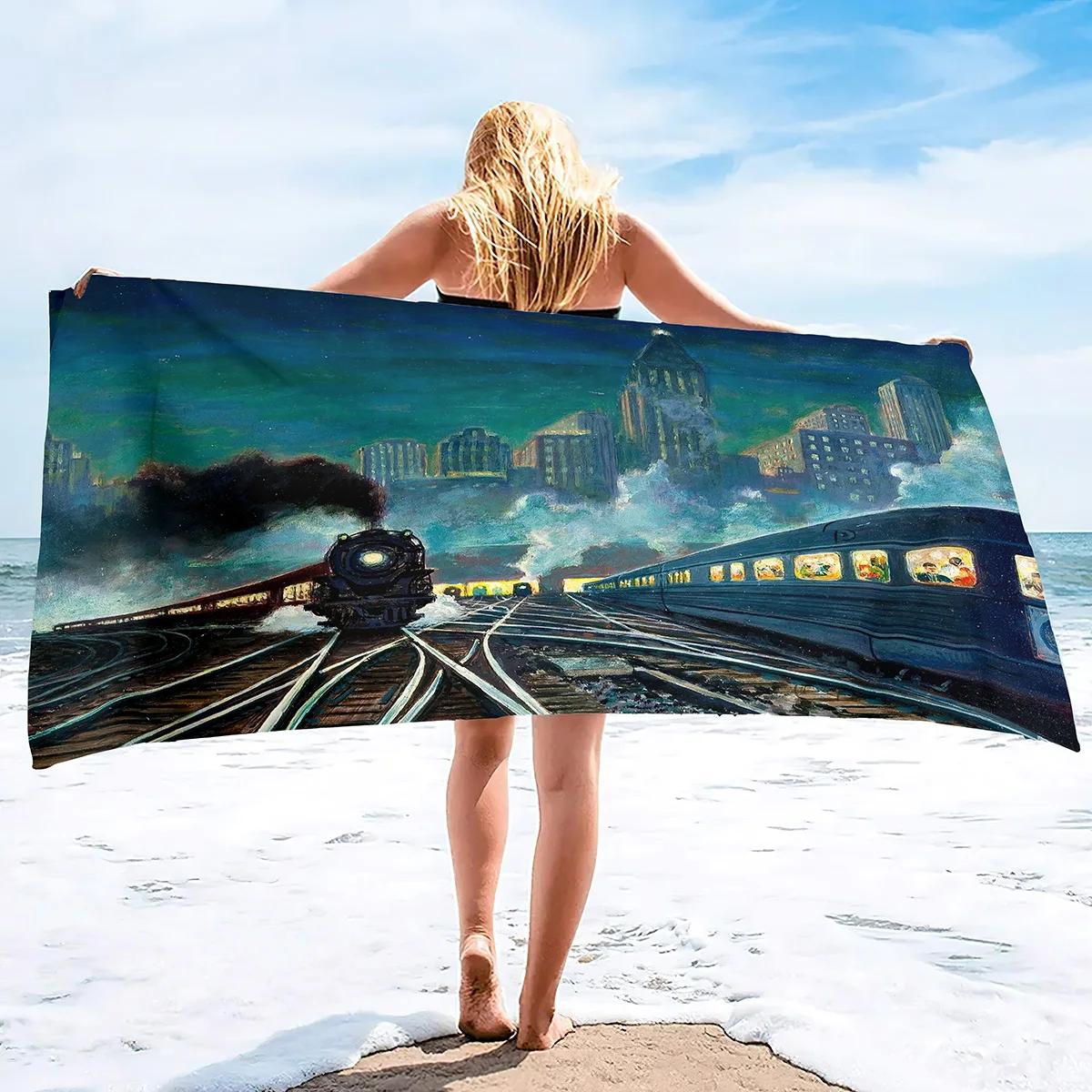 Lampada White Retro Steam Train Beach Towel Quick Dry Microfiber Beach Towels Lightweight Large Pool Towel For Swimming Camping Gym Travel