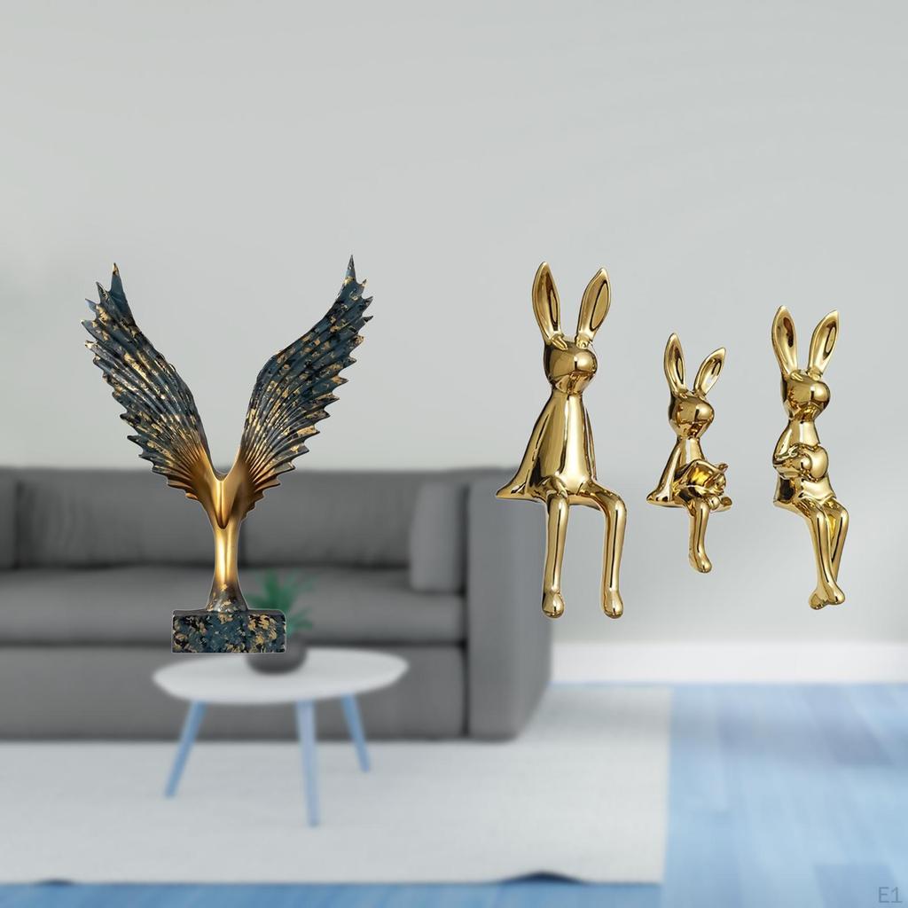 Resin Bunny Winged Family Sculpture Feng Shui Ornament Decorative Table Centerpiece Animal Figurine