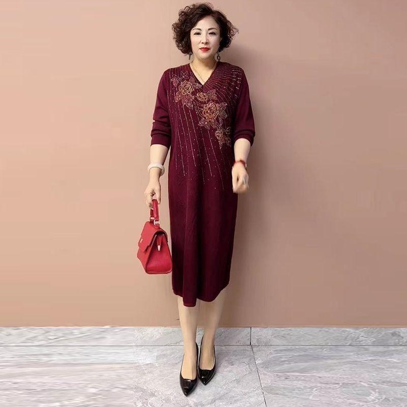 Women's V-Neck Plus-Size Sweater Dress Autumn Loose Embroidered Long Knit Dress