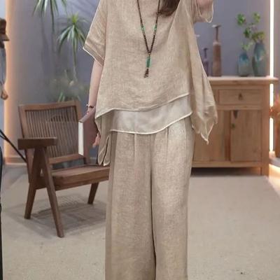 Women Vintage Wide Leg Trousers Suits Casual Patchwork Blouse Pants Sets 2PCS Loose Suit Plus Size