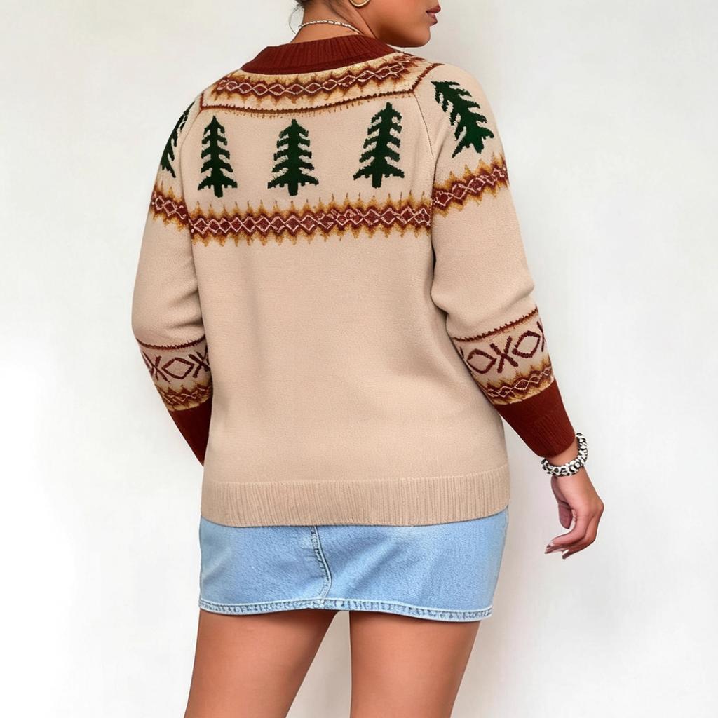 Pullover Sweater, Christmas Tree Jacquard Sweater, Loose Top for Women