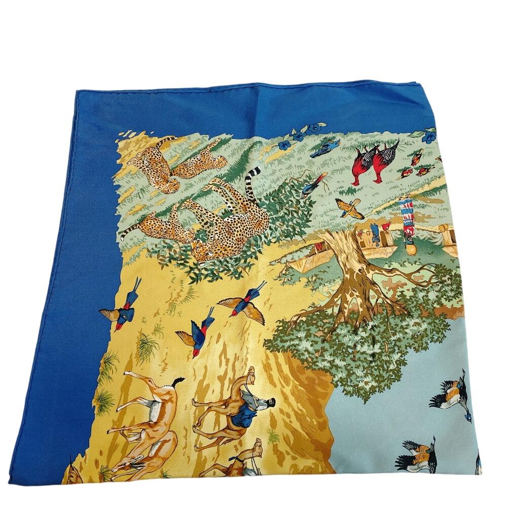 Hermes African Animal Pattern Silk Calle 90 Scarf Blue Silk Used