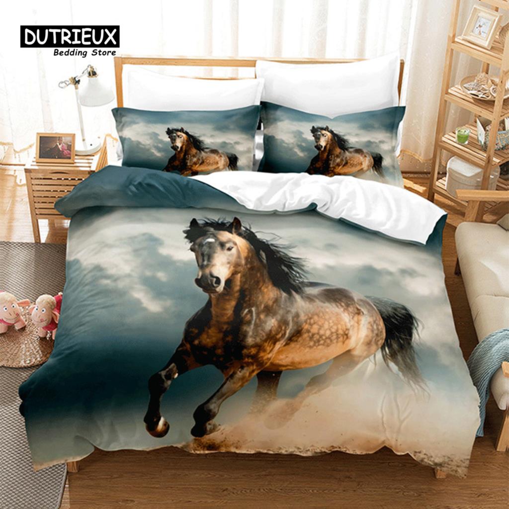 Unicorn Horse Bedding Set 3D Animal Print Duvet Cover Galloping Horse Comforter Cover Queen For Boys Teens Adults Decor Bedroom
