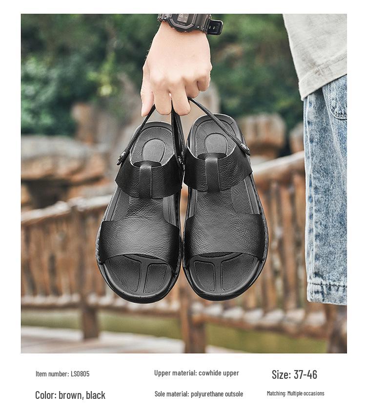 Large Summer Leather Cross-Strap Sandals, Sizes 45-46, Non-Slip Soft Sole Beach Flip-Flops for Men