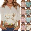 Top Camisa Feminina Fashion e Casual com Estampa de Coelho e Ovos de Páscoa, Gola V, Botões, Manga Três Quartos