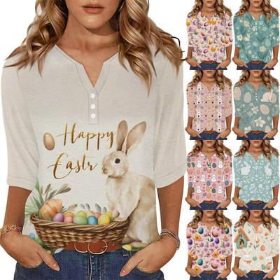 Camiseta de Manga Tres Cuartos con Botones y Cuello en V, Estampado de Conejo y Huevo de Pascua, Moderna y Casual para Mujer
