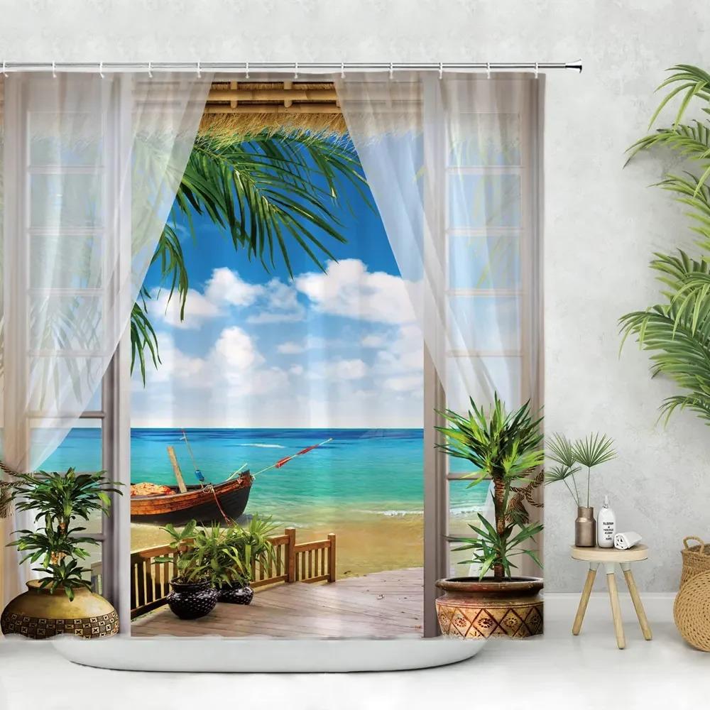 Paesaggio Marino Tenda da Bagno Doccia Tenda da Doccia Tropicale Oceano Spiaggia Foglia di Palma Lavabile Tende da Bagno Tessuto in Poliestere Decorazione per la Casa