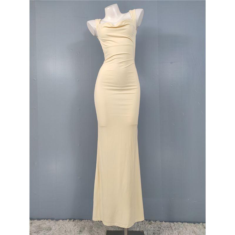 

Elegance Temperament Square Collar Slim Looking Bare Back Midi Dress Champagne L