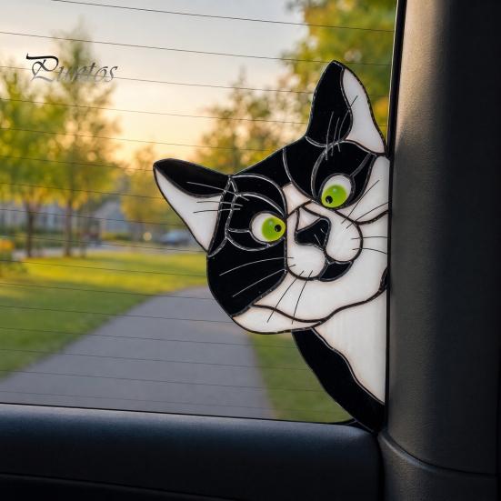 Sunlight Catching Cat Sticker Stained Glass Window Cling, Vintage Colorful Kitty Decal, Removable Static Decor for Door Wall Car, UV-Resistant