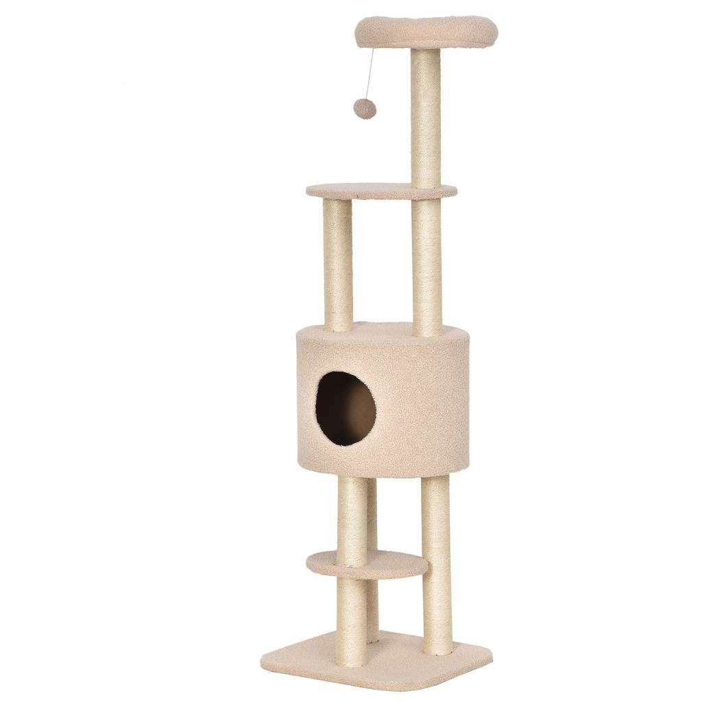 Sturdy Cat Tree with 5 Levels, Kennel, Playhouse, and Sisal Rope, Beige, Max 30kg