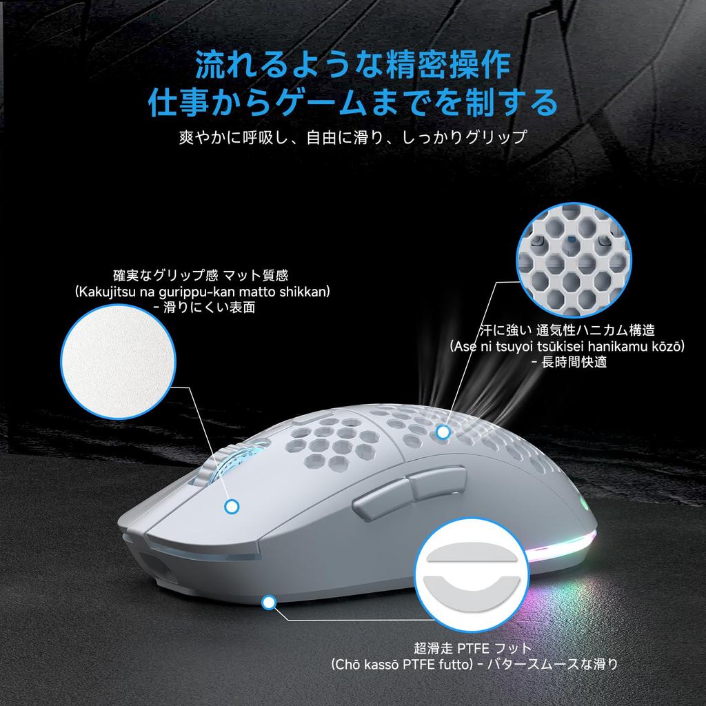 DIERYA Falcon M1 Wireless Gaming Battery 6 Customizable White Mouse, 24000DPI, 180-Hour Life, Ultra-Lightweight 90g, Buttons, RGB, 2.4G/BT5.2/USB-C