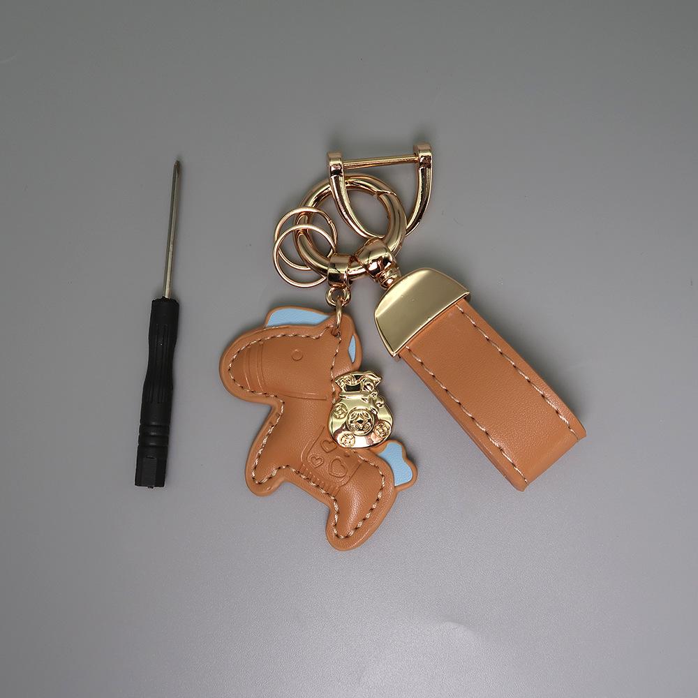Instant Wealth Leather Keychain with Cartoon Pony Pendant for Couples – Trendy Bag and Car Accessory