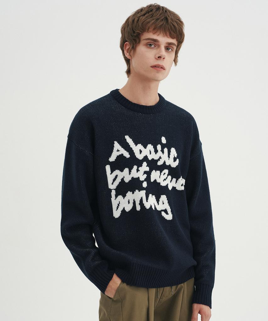 BLOND9 Slogan Round Knit Sweater_Navy (Type B)