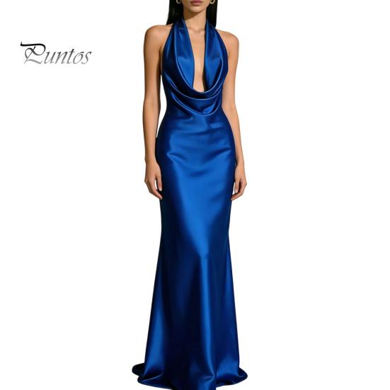 Beach Dress Women Sexy Backless Maxi Dress, Deep V Neck Sleeveless Lightweight Summer Halter Satin Long Formal Evening Party Mermaid Gown Elegant