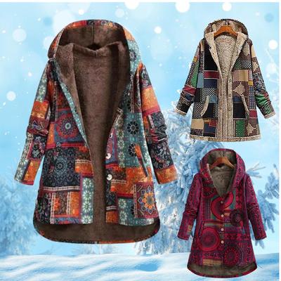 New Women Winter Warm Floral Printed Hooded Jacket  Hoody Vintage Oversized Winter Padded Jacket Boho Vintage Coats