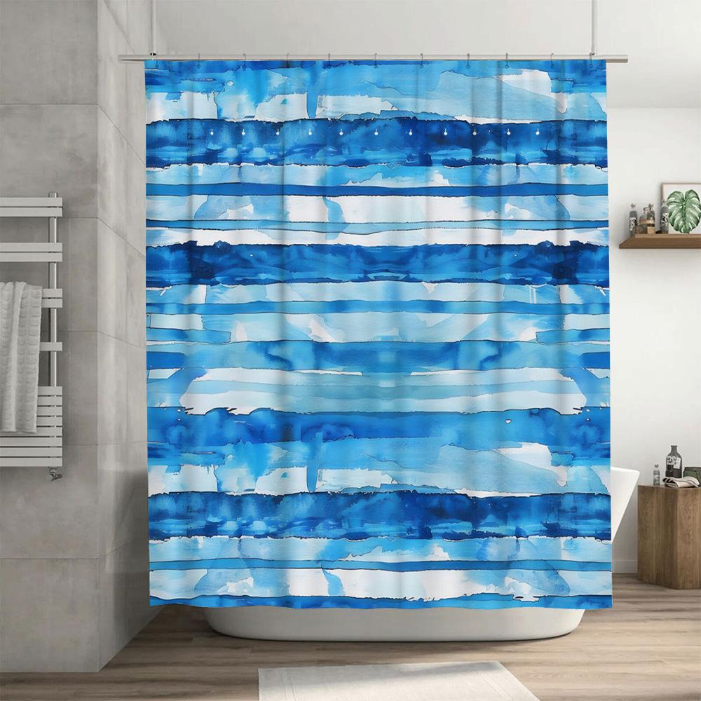 Blue Watercolor Striped Shower Curtain Waterproof Bathroom Decor for Home Hotel Modern Blue Stripe Bath Mat Set with Hooks (36x7